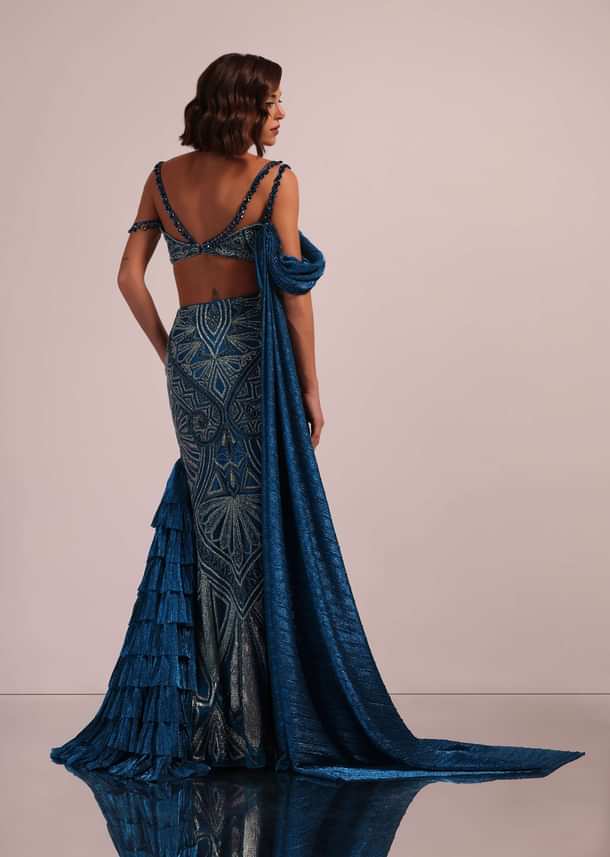 Dark Blue Fish Cut Bridal Lehenga Set In Net With Attached Cape