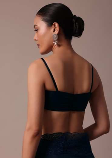 Dark Blue Organza Embroidered Saree With Unstitched Blouse