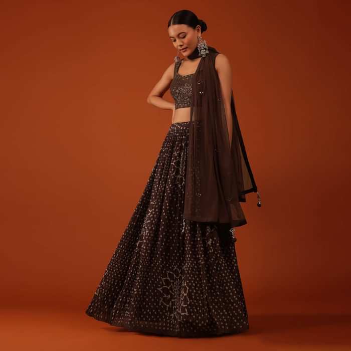 Dark Brown Bandhani Printed Lehenga And Blouse Set In Silk