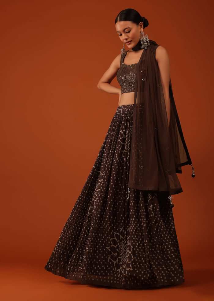 Dark Brown Bandhani Printed Lehenga And Blouse Set In Silk