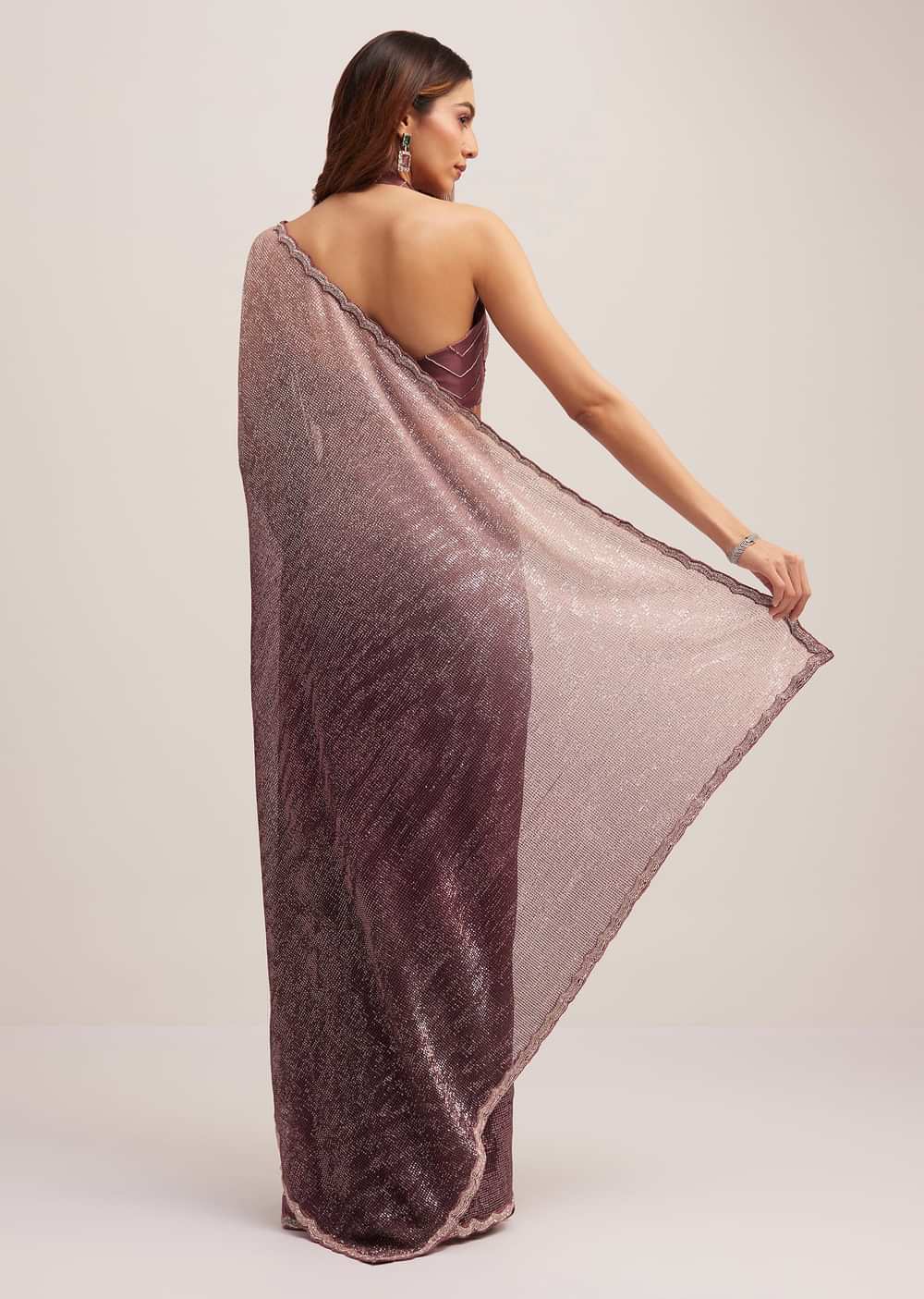 Dark Brown Dual Shaded Sequins Saree With Scalloped Border