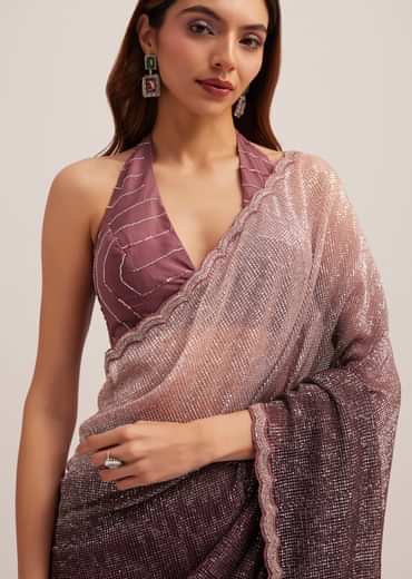 Dark Brown Dual Shaded Sequins Saree With Scalloped Border