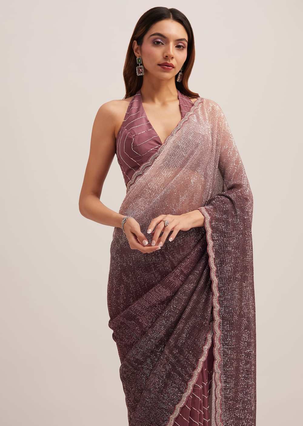 Dark Brown Dual Shaded Sequins Saree With Scalloped Border