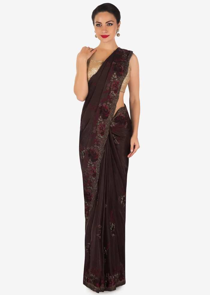 Dark brown saree in crepe with resham embroidery in floral motif only on Kalki