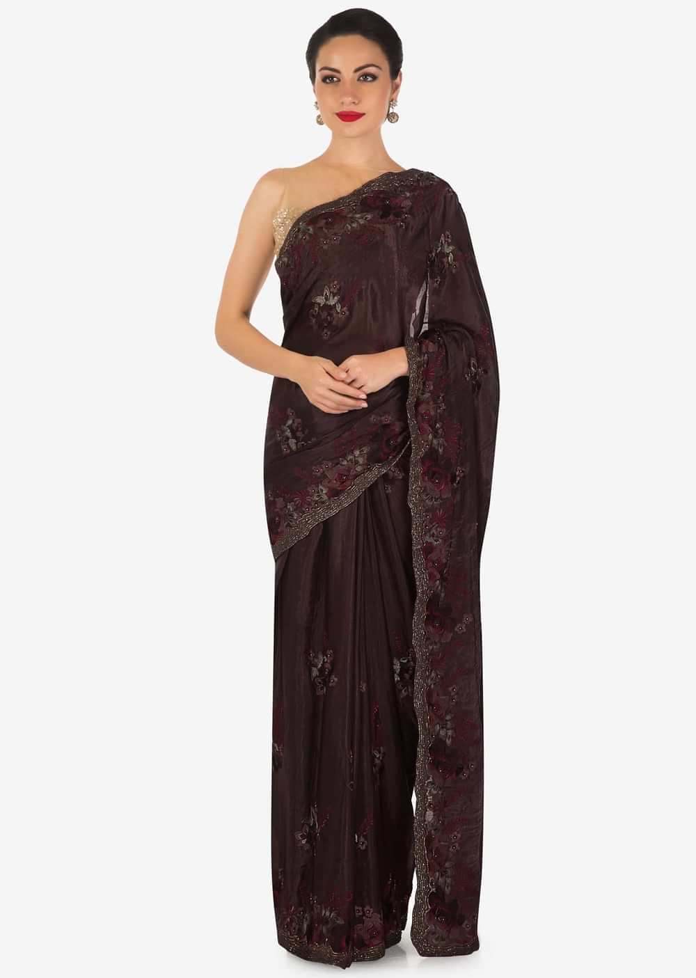 Dark brown saree in crepe with resham embroidery in floral motif only on Kalki - KALKI Fashion India