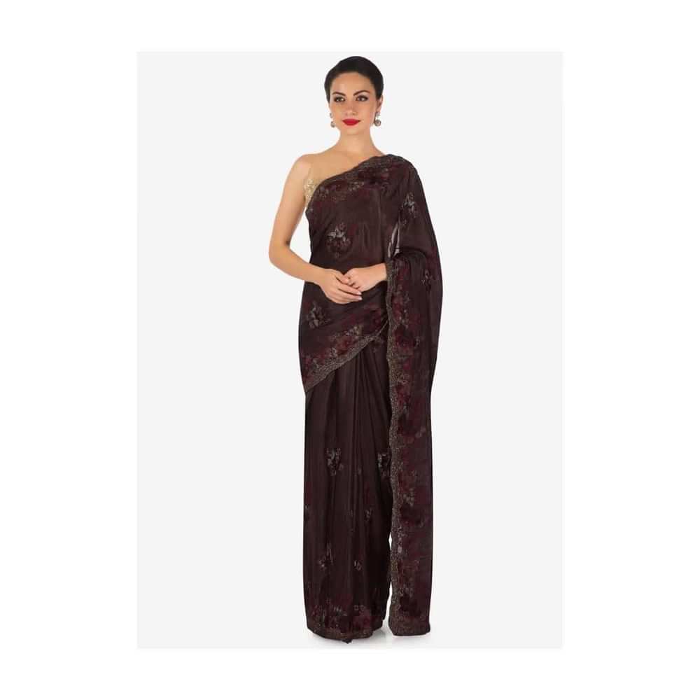 Dark brown saree in crepe with resham embroidery in floral motif only on Kalki - KALKI Fashion India