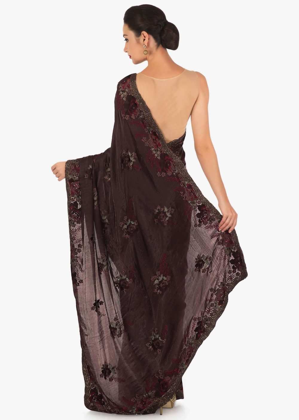 Dark brown saree in crepe with resham embroidery in floral motif only on Kalki - KALKI Fashion India