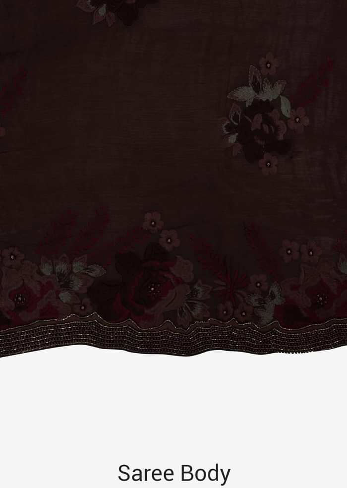 Dark brown saree in crepe with resham embroidery in floral motif only on Kalki