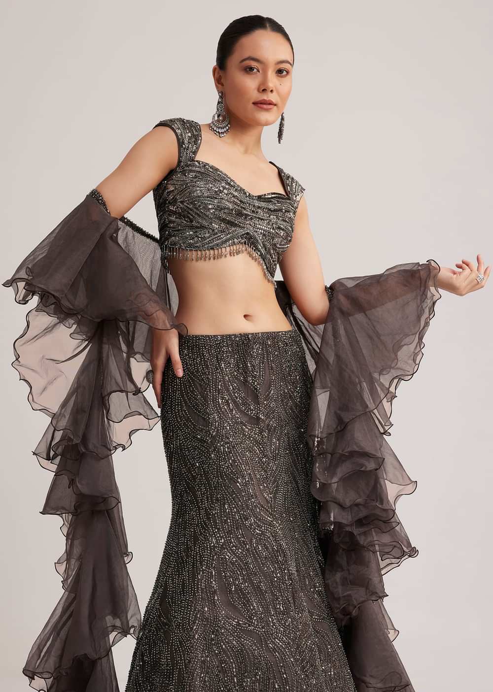 Dark Brown Sequins Mermaid Lehenga Set