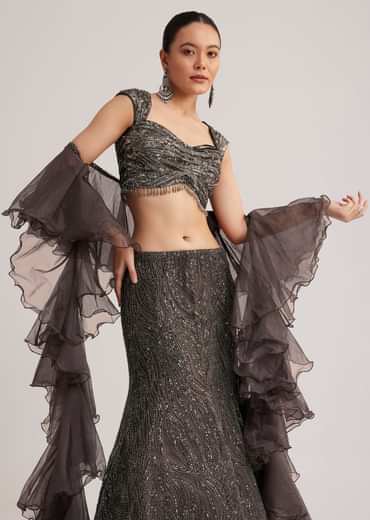 Dark Brown Sequins Mermaid Lehenga Set