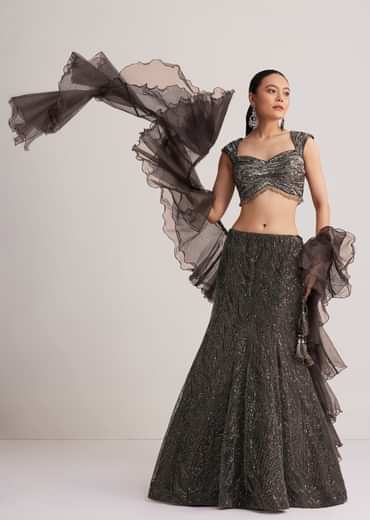 Dark Brown Sequins Mermaid Lehenga Set