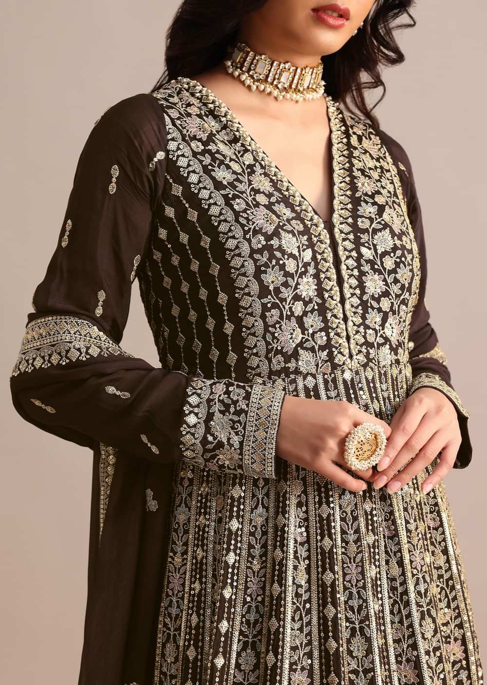 Dark Brown Silk Zari Embroidered Anarkali Suit