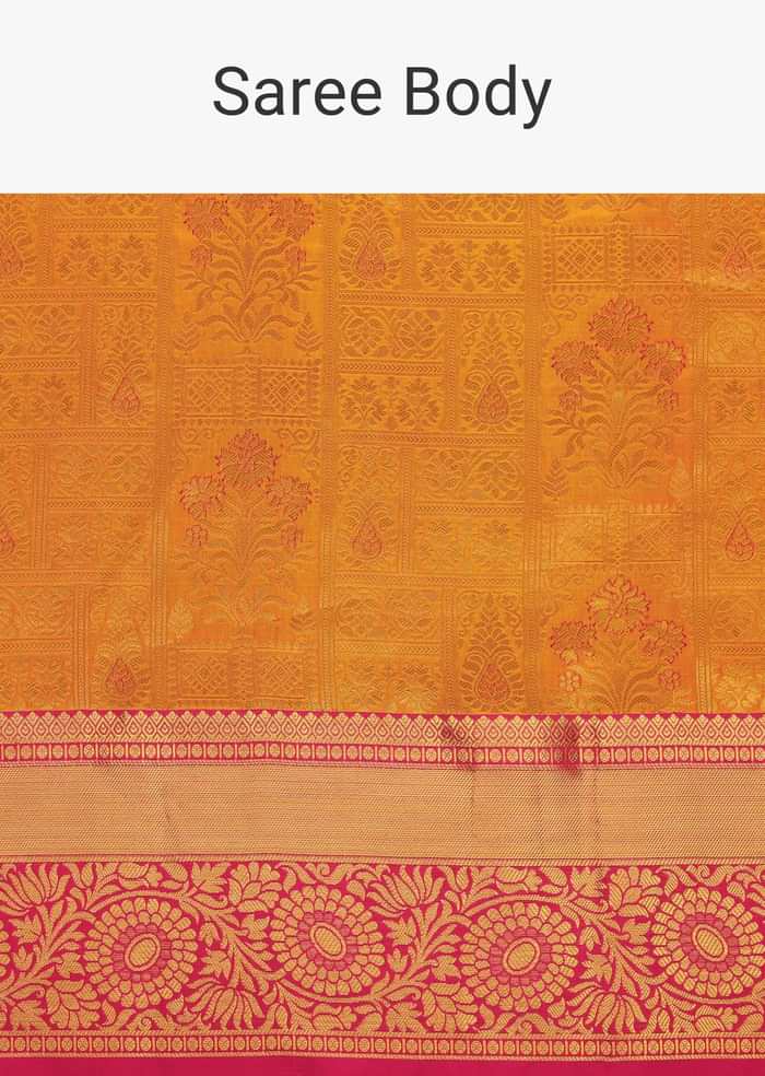 Honey Yellow Woven Silk Kanjivaram Saree With Hot Pink Border And Unstitched Blouse