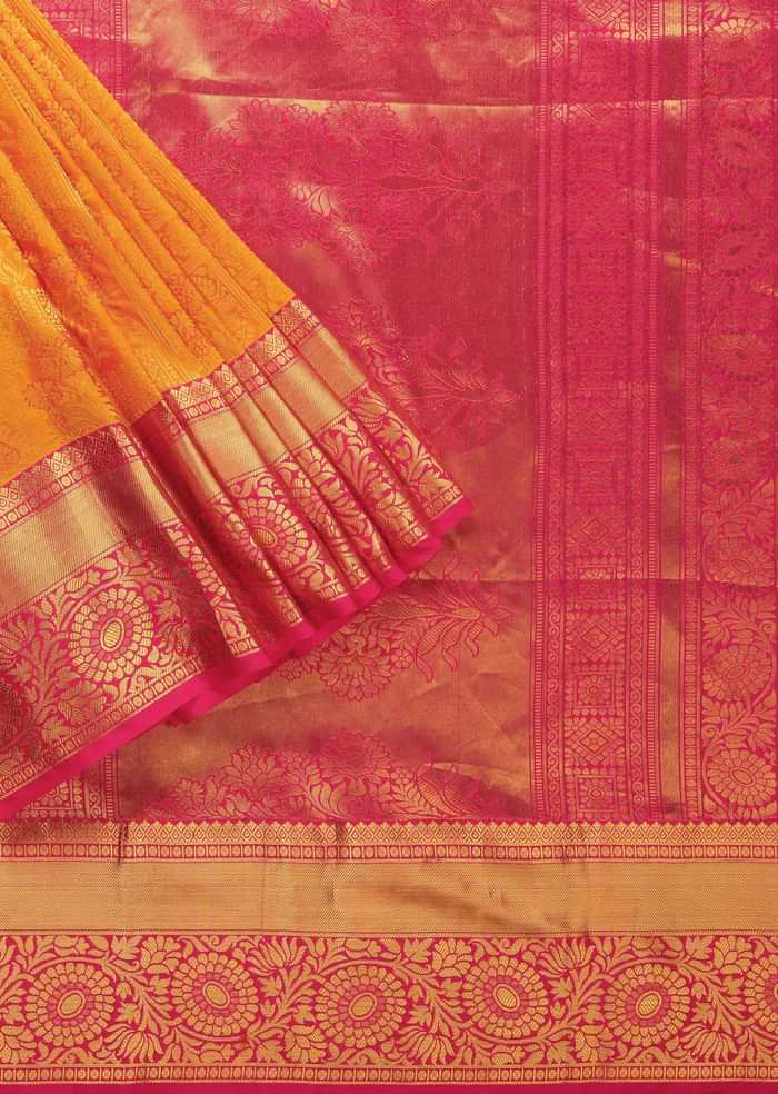 Honey Yellow Woven Silk Kanjivaram Saree With Hot Pink Border And Unstitched Blouse