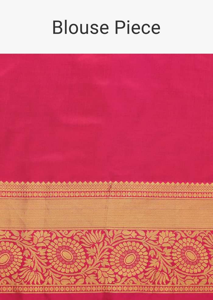 Honey Yellow Woven Silk Kanjivaram Saree With Hot Pink Border And Unstitched Blouse
