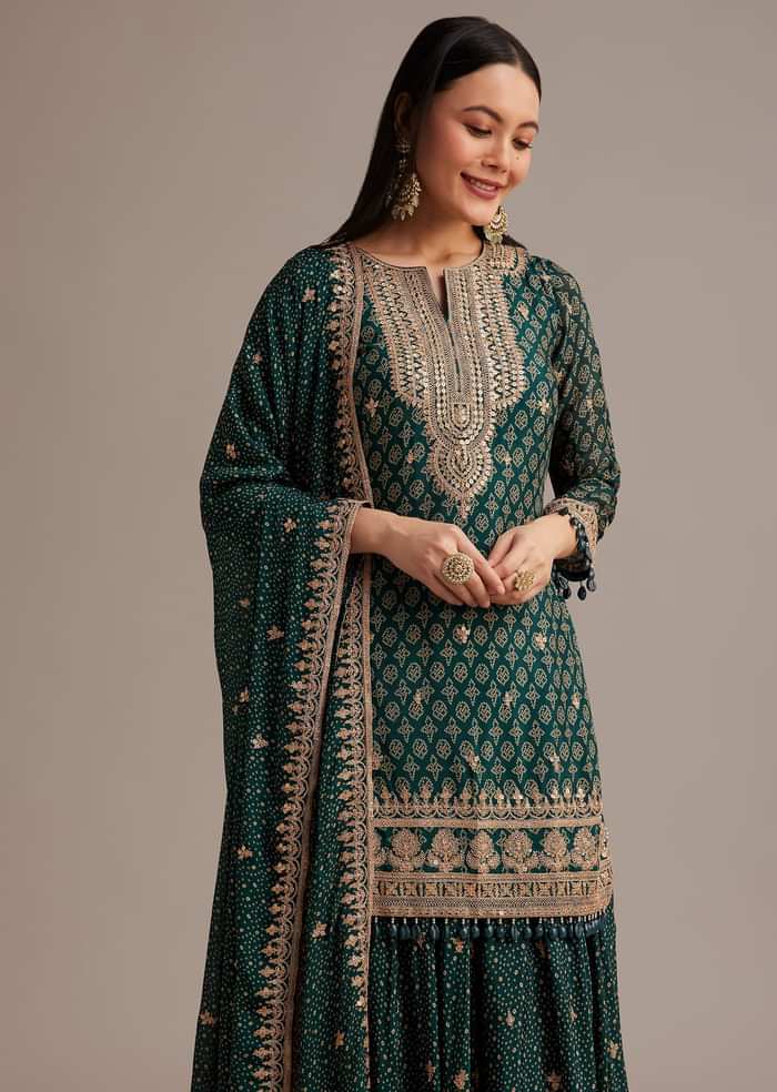 Dark Green Bandhani Kurta Set With Shell Tassel Detailing