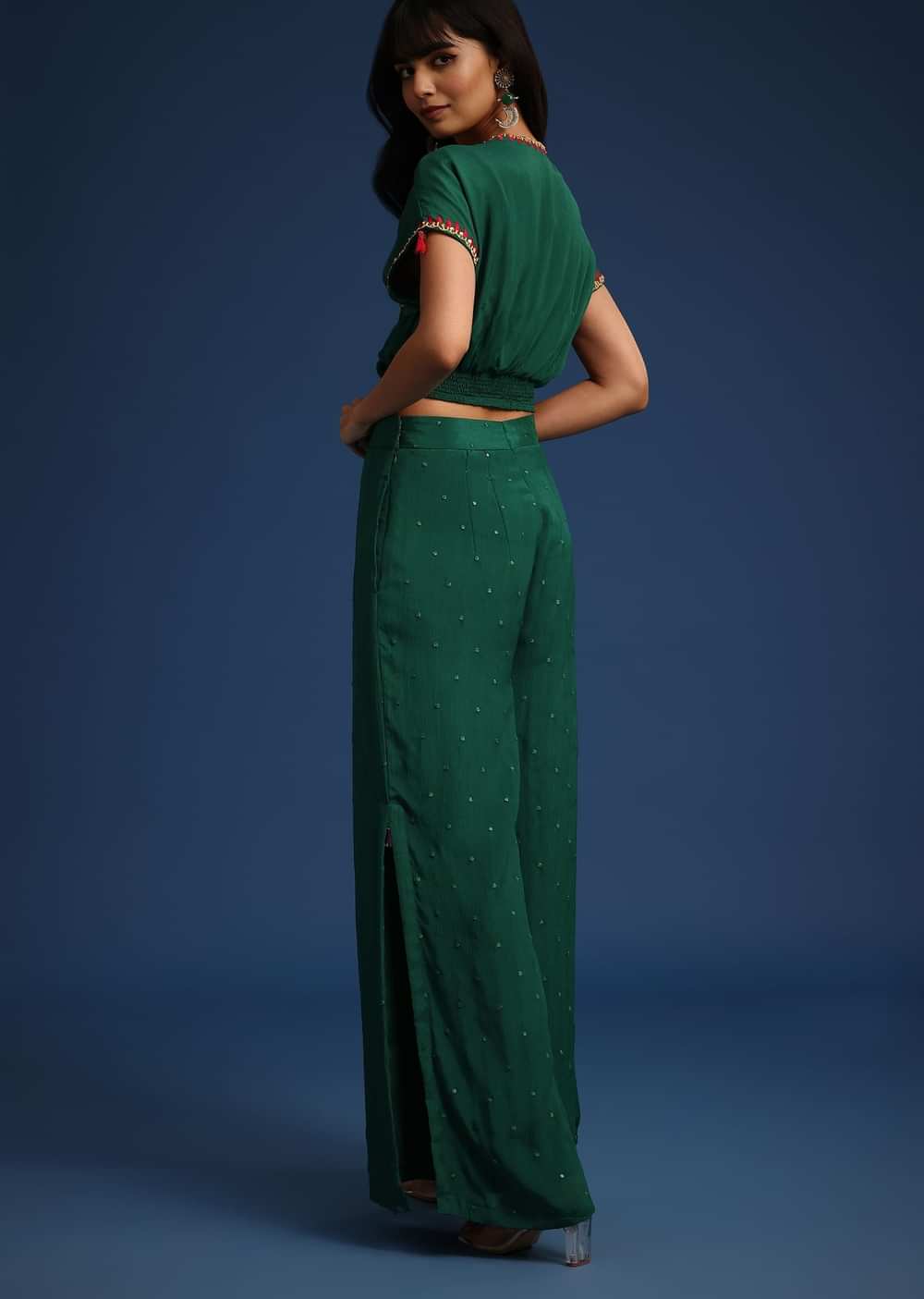 Dark Green Chiffon Crop Top With Slit Palazzo And Scarf