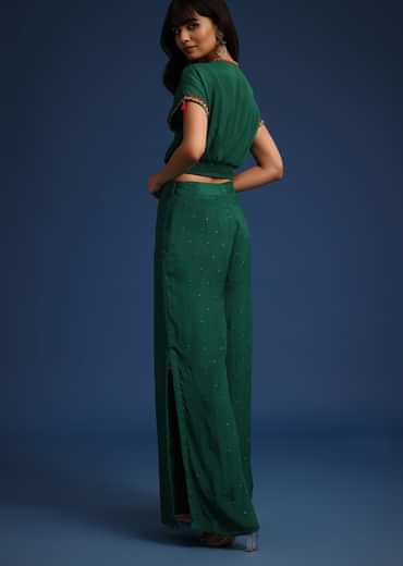 Dark Green Chiffon Crop Top With Slit Palazzo And Scarf