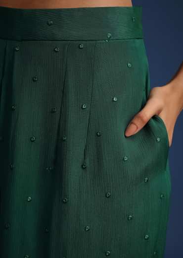 Dark Green Chiffon Crop Top With Slit Palazzo And Scarf