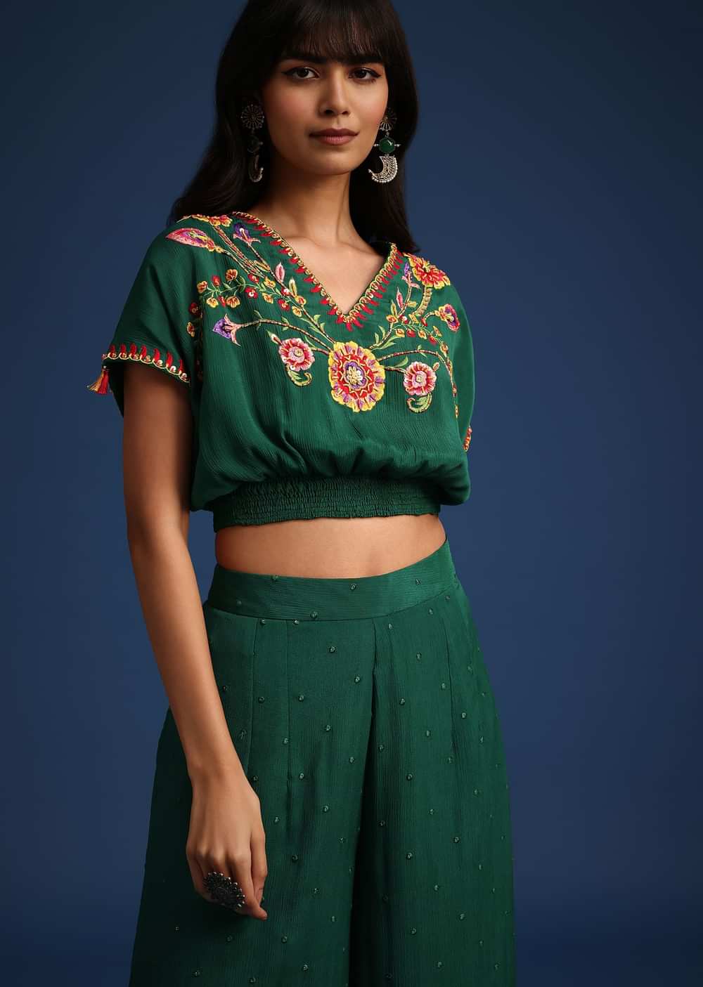 Dark Green Chiffon Crop Top With Slit Palazzo And Scarf