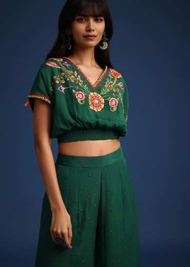 Dark Green Chiffon Crop Top With Slit Palazzo And Scarf