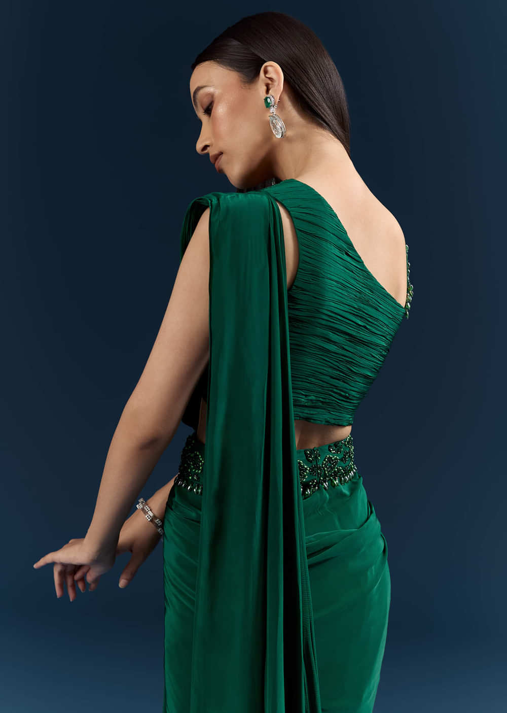Dark Green Crepe Ready Pleated Saree With Heavy Embroidery