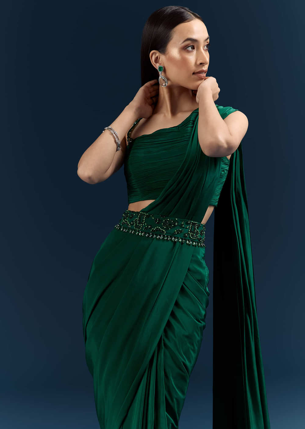 Dark Green Crepe Ready Pleated Saree With Heavy Embroidery
