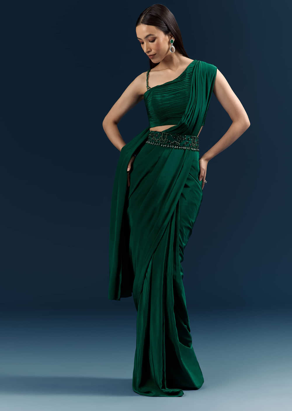 Dark Green Crepe Ready Pleated Saree With Heavy Embroidery