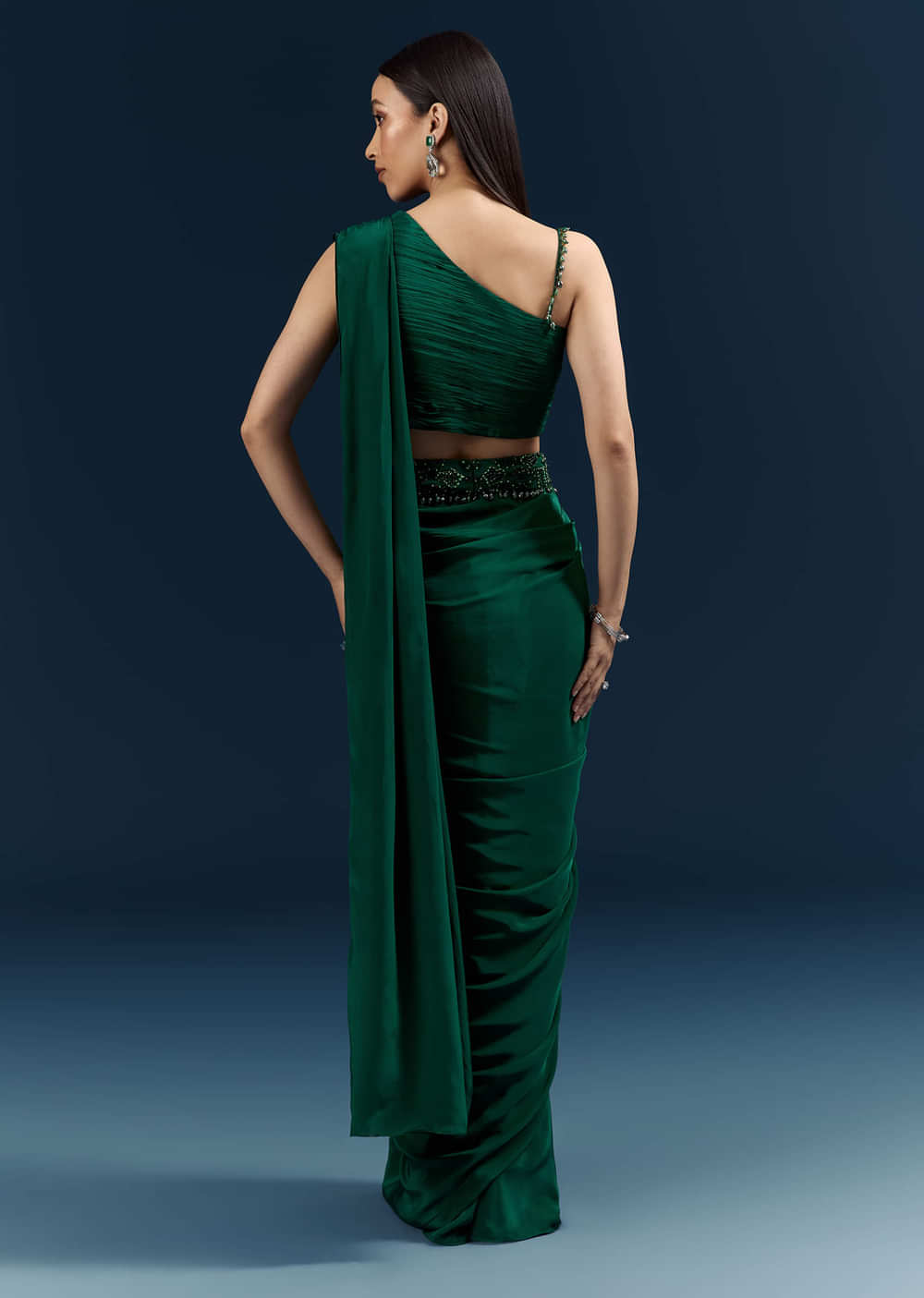 Dark Green Crepe Ready Pleated Saree With Heavy Embroidery