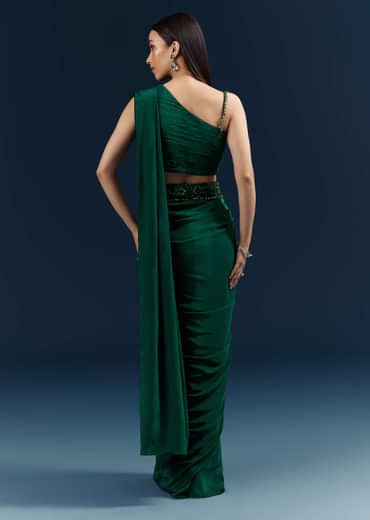 Dark Green Crepe Ready Pleated Saree With Heavy Embroidery