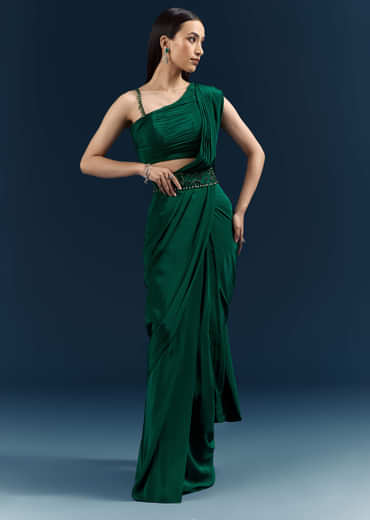 Dark Green Crepe Ready Pleated Saree With Heavy Embroidery