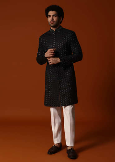 Dark Green Cutdana Embroidered Sherwani Set For Men