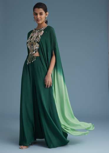 Dark Green Georgette Palazzo Set With Ombre Sleeves