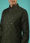 Dark Green Nehru Jacket And Kurta Set In Raw Silk With Resham And Mirror Abla Embroidered Geometric Buttis