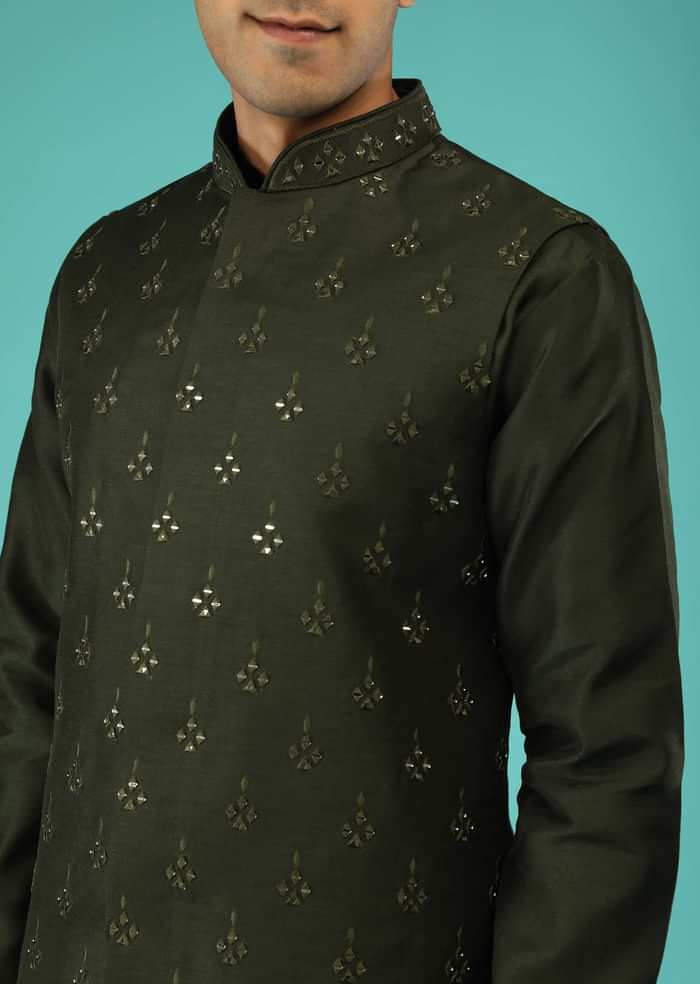Dark Green Nehru Jacket And Kurta Set In Raw Silk With Resham And Mirror Abla Embroidered Geometric Buttis