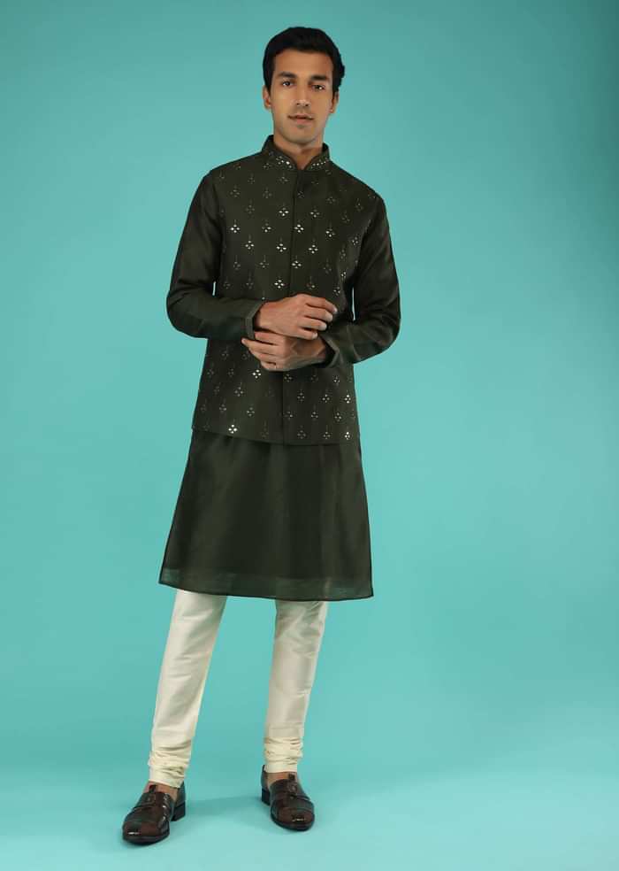 Dark Green Nehru Jacket And Kurta Set In Raw Silk With Resham And Mirror Abla Embroidered Geometric Buttis