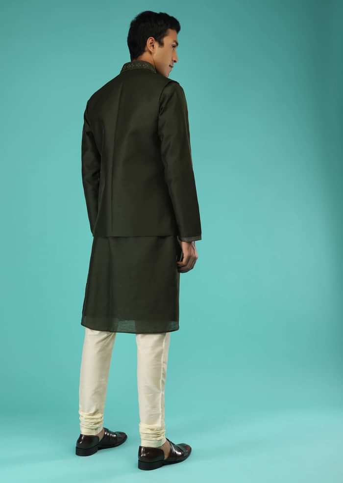 Dark Green Nehru Jacket And Kurta Set In Raw Silk With Resham And Mirror Abla Embroidered Geometric Buttis