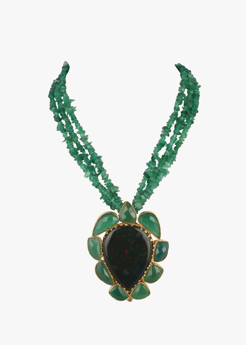 Dark Green Semi Precious Stone Studded Pendant Attached To Tiny Green Stone Strings