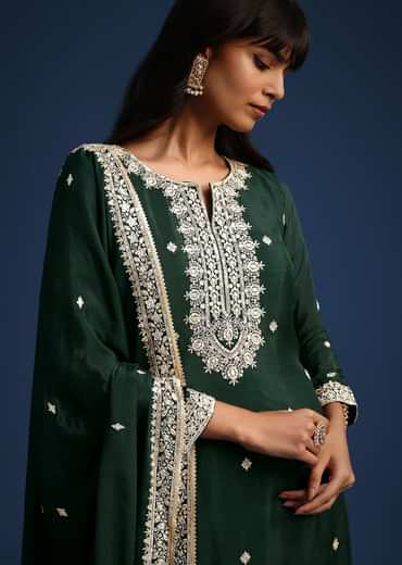 Dark Green Sequin Embellished Kurta Palazzo Set