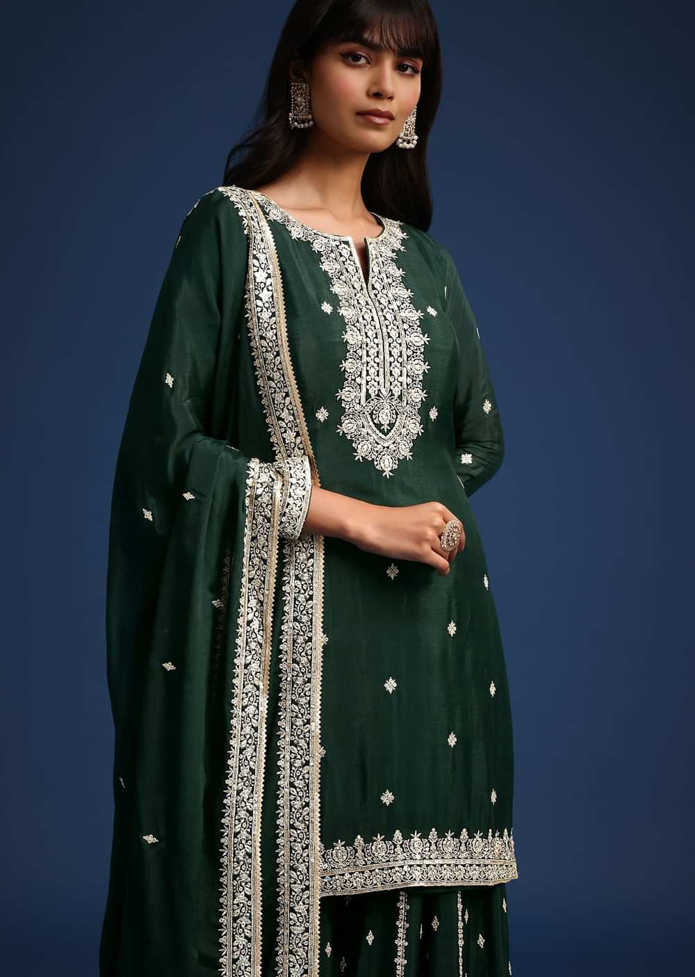 Dark Green Sequin Embellished Kurta Palazzo Set
