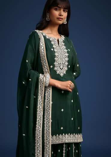 Dark Green Sequin Embellished Kurta Palazzo Set