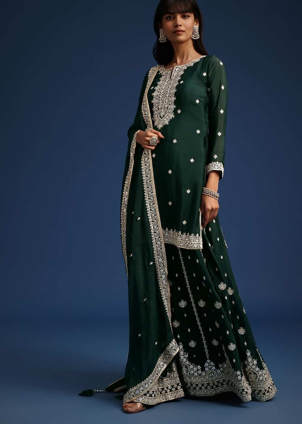 Dark Green Sequin Embellished Kurta Palazzo Set