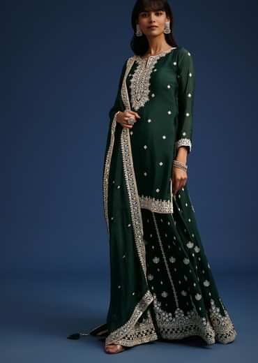 Dark Green Sequin Embellished Kurta Palazzo Set