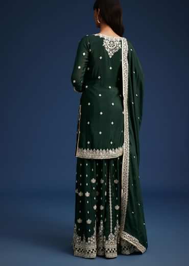 Dark Green Sequin Embellished Kurta Palazzo Set