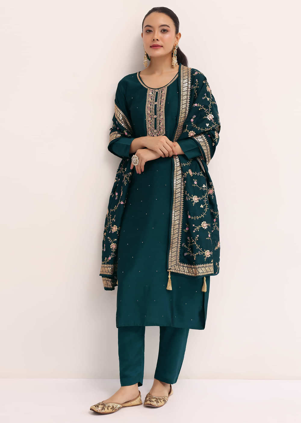 Dark Green Silk Kurta Set With Dupatta