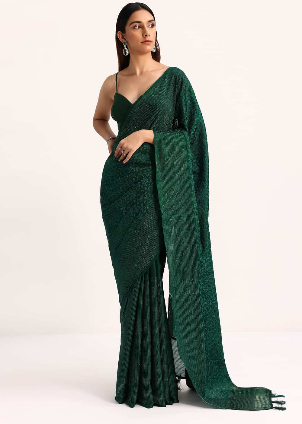 Dark Green Tissue Saree With Thread And Stone Embroidery And Unstitched Blouse
