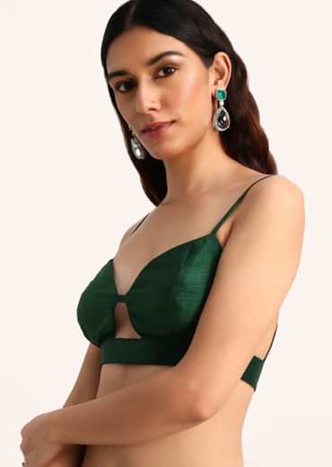 Dark Green Tissue Saree With Thread And Stone Embroidery And Unstitched Blouse