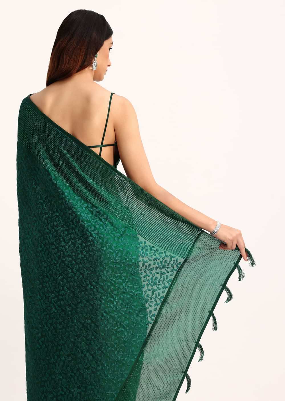 Dark Green Tissue Saree With Thread And Stone Embroidery And Unstitched Blouse