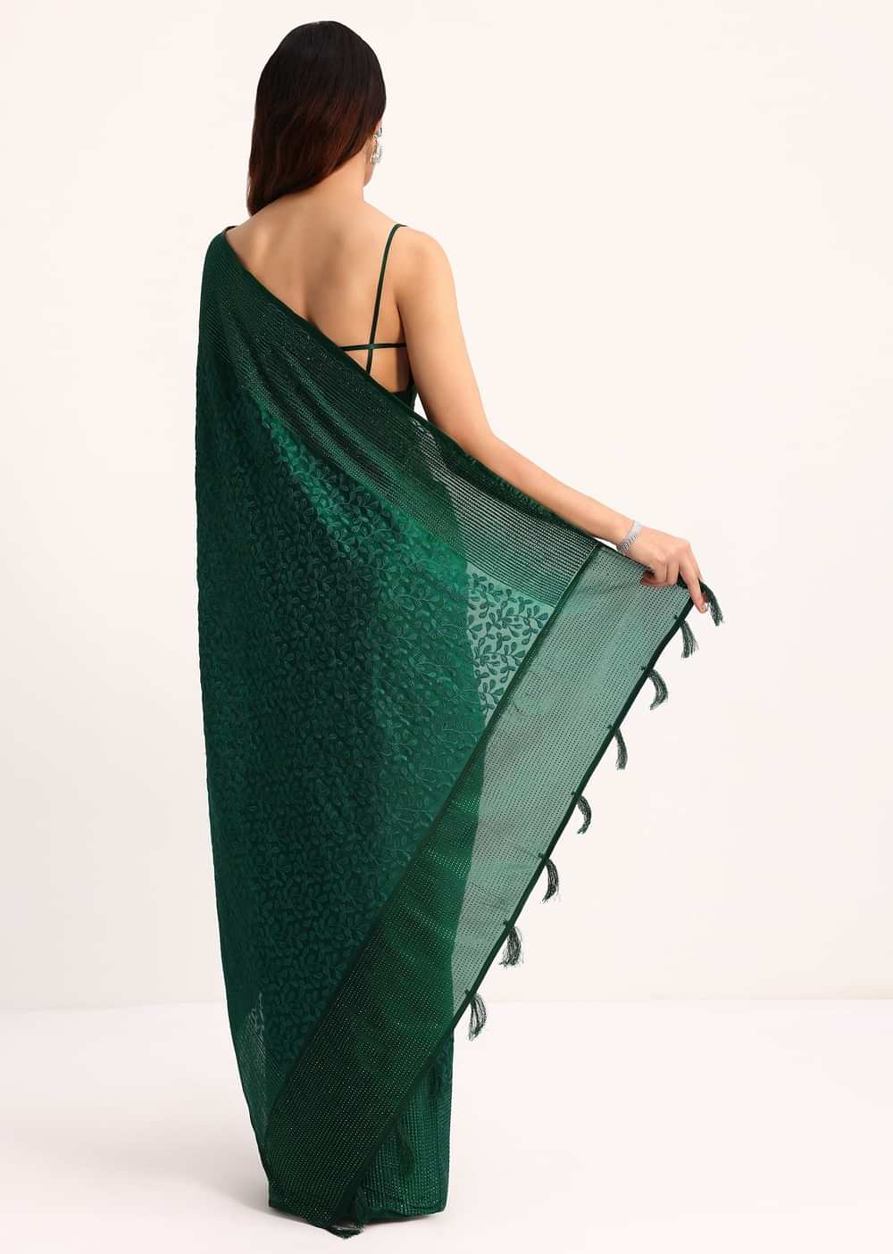 Dark Green Tissue Saree With Thread And Stone Embroidery And Unstitched Blouse