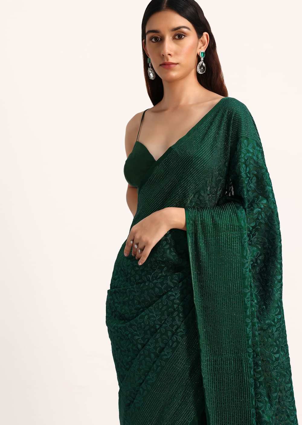 Dark Green Tissue Saree With Thread And Stone Embroidery And Unstitched Blouse